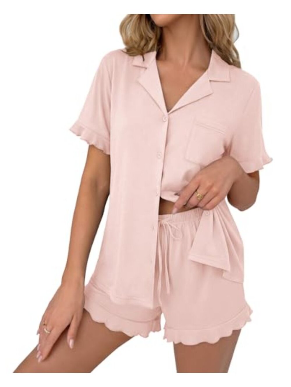 Ekouaer Pajama Set Women Button Down Ruffle Short Sleeve Sleepwear Lounge